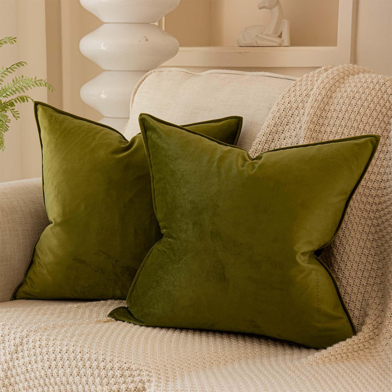 JUSPURBET Olive Decorative Velvet Throw Pillow Covers 24x24 inch Set of 2,Broadside Soft Cushion Case with Invisible Zipper for Sofa Couch Bed