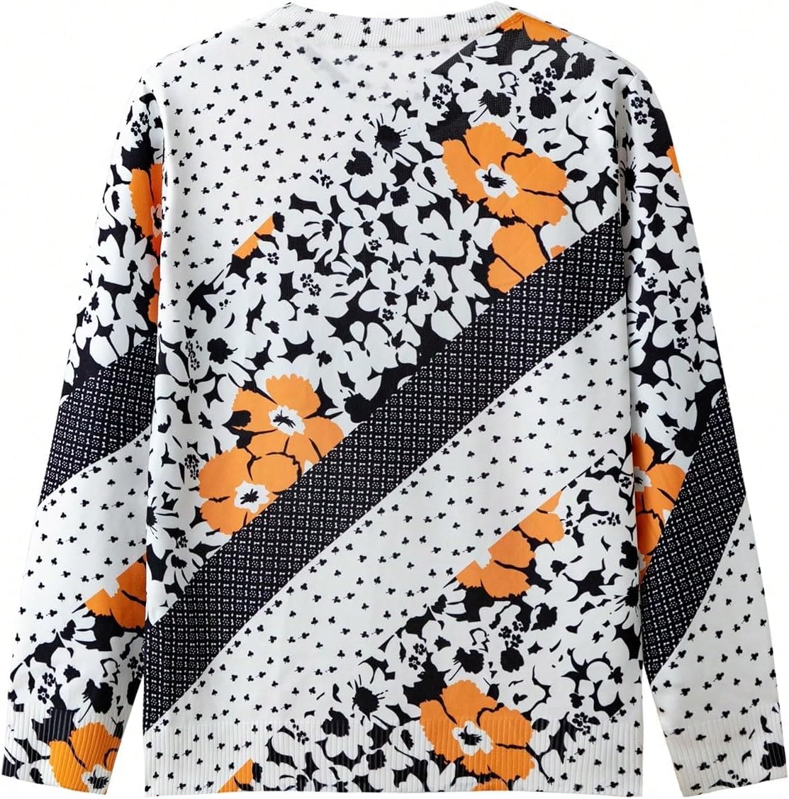 Women's Sweater Floral Pattern Sweater Women's Casual Pullover Long Sleeve Round Neck Sweater Sweater for Women (Color : Black and White, Size : Medium)