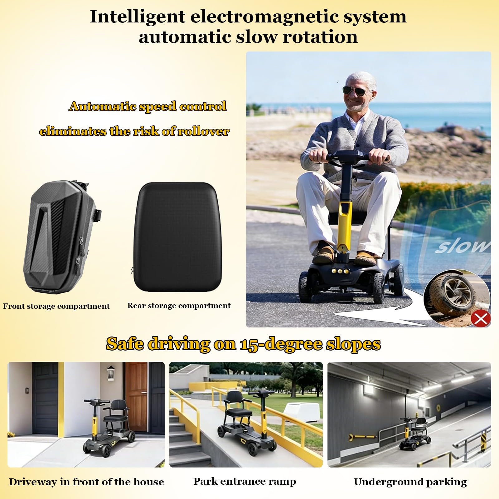 Scooter De Movilidad De 4 Ruedas Scooter De Viaje Portátil Mobility Scooter Plegable/Ligero Con Baterías Extraíbles Duales Compartimentos De Almacenamiento Delanteros Y Traseros 13ah