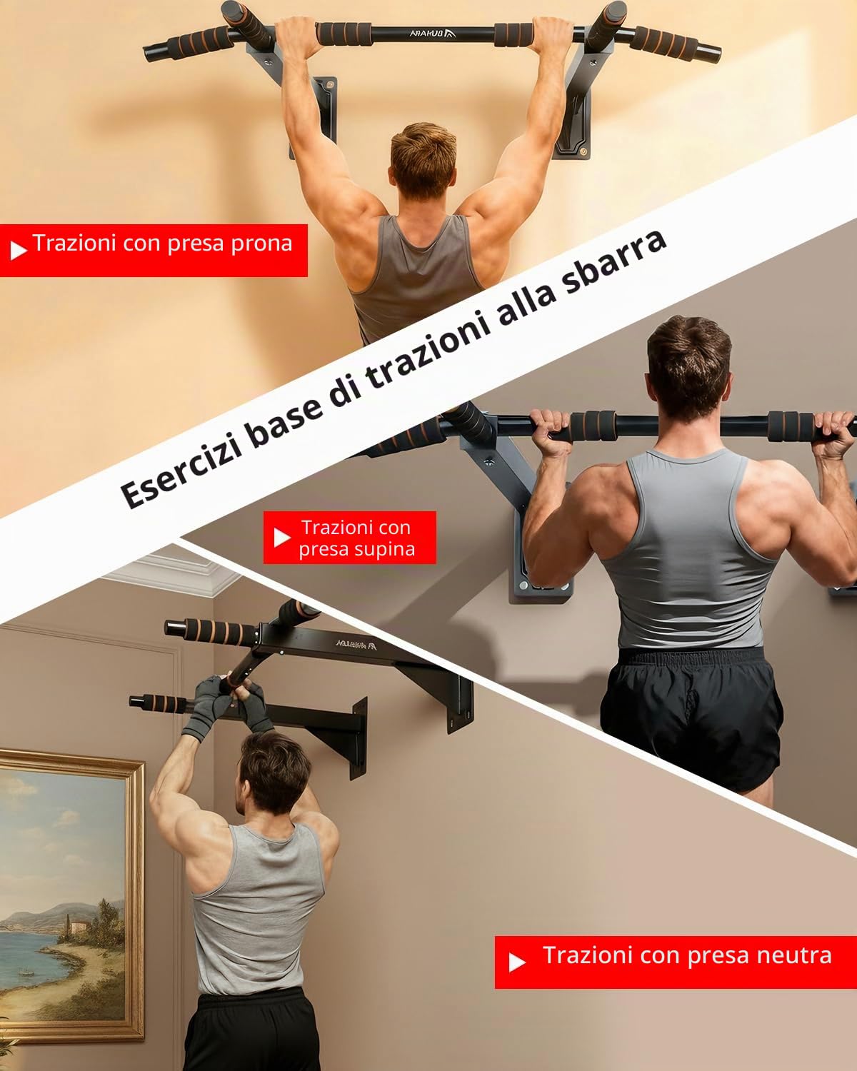 Abahub Barra per Trazioni a Muro 200kg, con Impugnature Multiple e Montaggio a Parete con Viti - Sbarra Pull Up Sicura e Stabile per Allenamento Intenso a Casa – Nero/Arancione