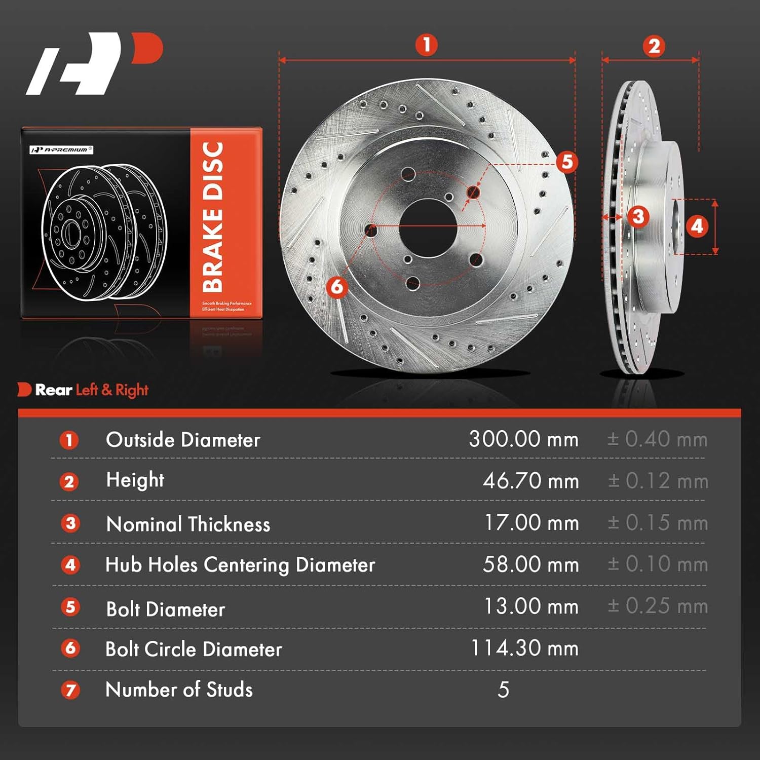A-Premium 11.81 in (300 mm) Rear Drilled and Slotted Disc Brake Rotors Compatible with Subaru Models - Outback 2015-2023, Legacy 2015-2023, WRX 2016-2021(EPB), WRX STI 2016(EPB), 2-Pack