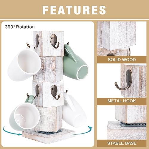 Miniatura 3 de Soporte giratorio para taza de café con giro de 360 grados, soporte de árbol de madera rústica con 8 ganchos, soporte para taza de café de granja