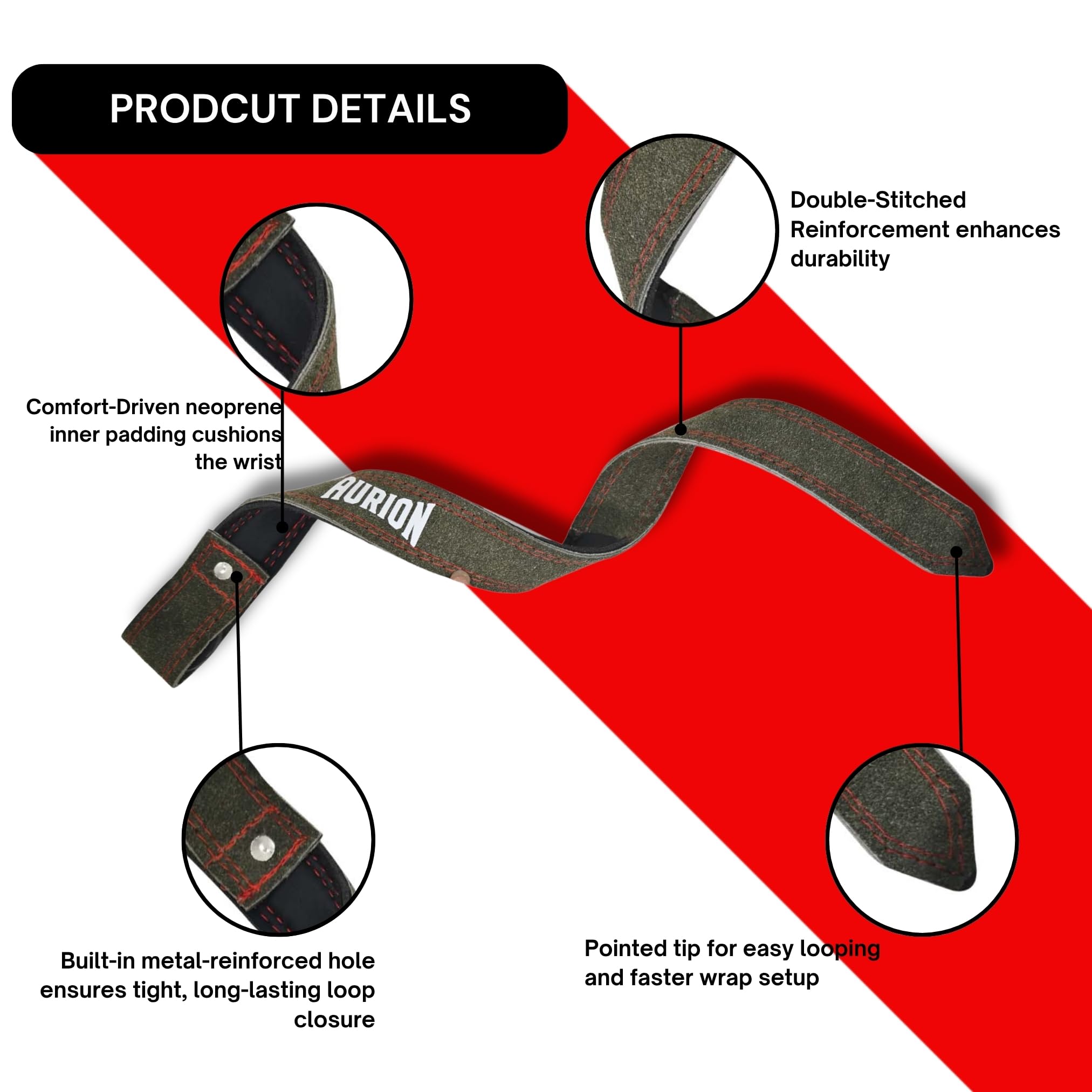 Aurion Premium Leather Lifting Straps | 1.5" Wide, 19" Long Heavy Duty Wrist Straps for Weightlifting, Deadlifts & Bodybuilding | Durable Gym Wrist Support for Men & Women (Olive Green) 2