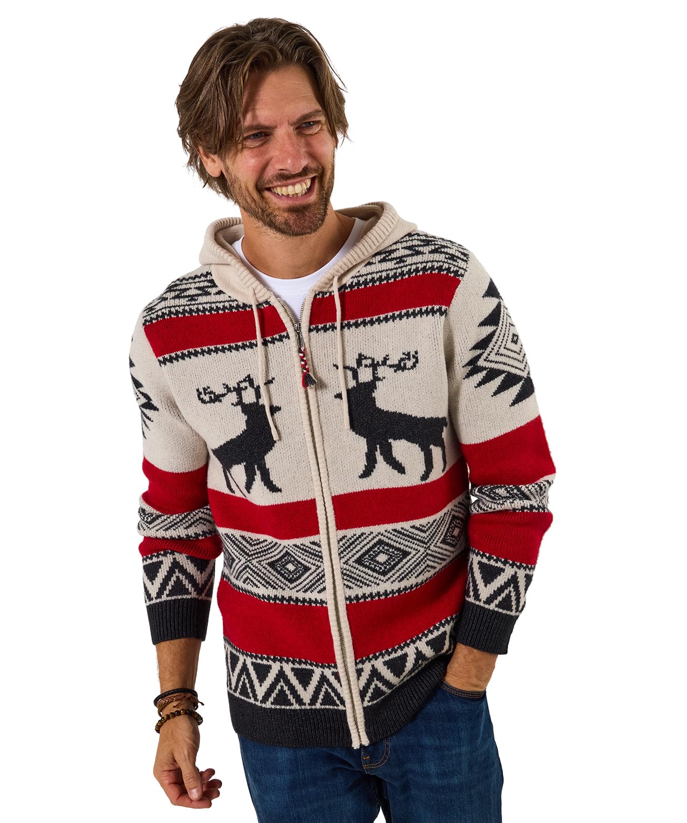 Joe Browns Mens Stag Pattern Zip Hoodie Sweatshirt, Off-white, XXL UK