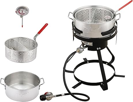 Feasto 10 Qt Outdoor Propane Gas Fish Fryer Pot Kit with Strainer Basket | Aluminum, 50,000 BTU Burner, Adjustable 0-5 PSI Regulator, Perfect for Boiling and Frying