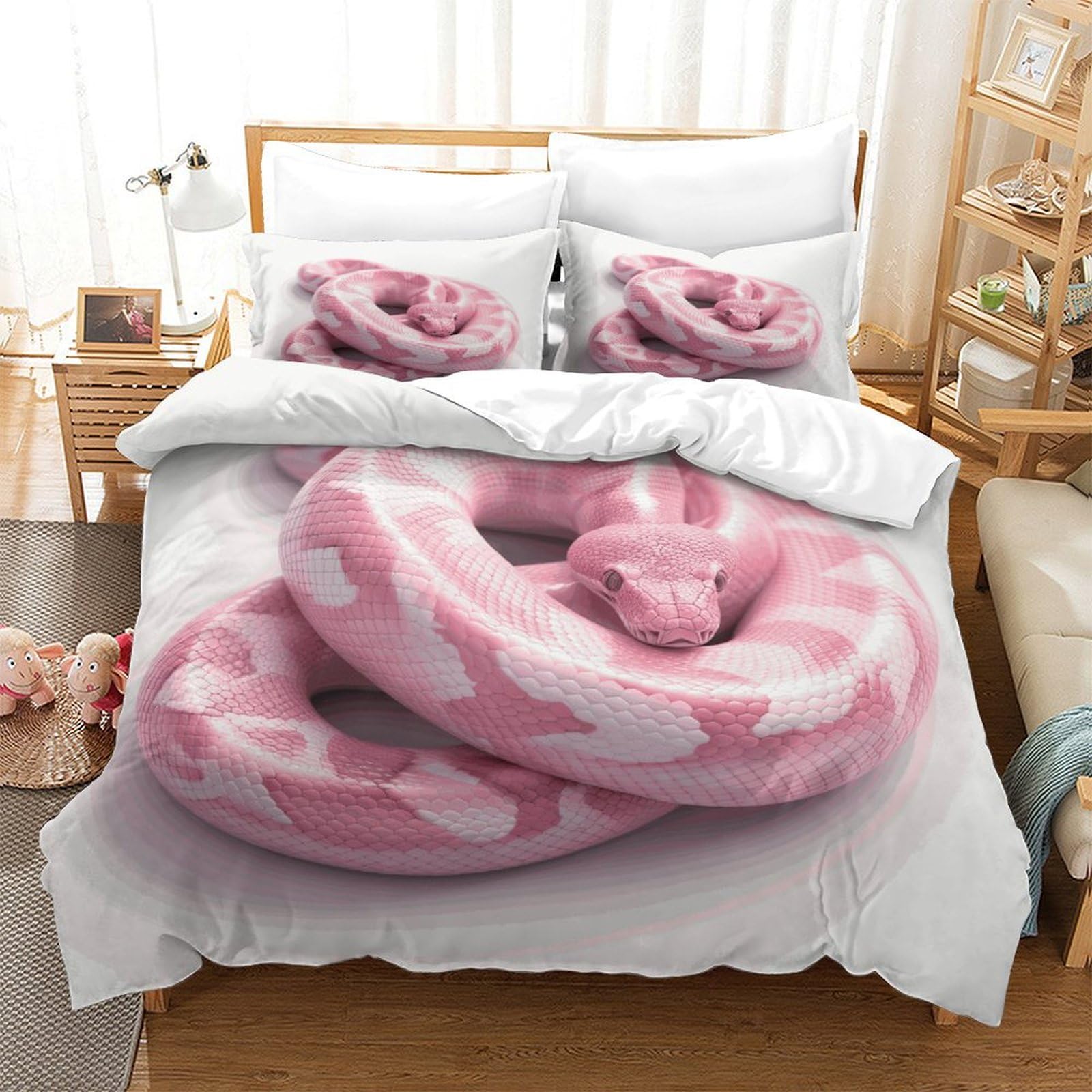P1S9U7W5Y 3D Printed Realistic Pink Snake Pattern Duvet Cover Set 3pcs Microfiber Snake Skin Bedding Set King（220x240cm）