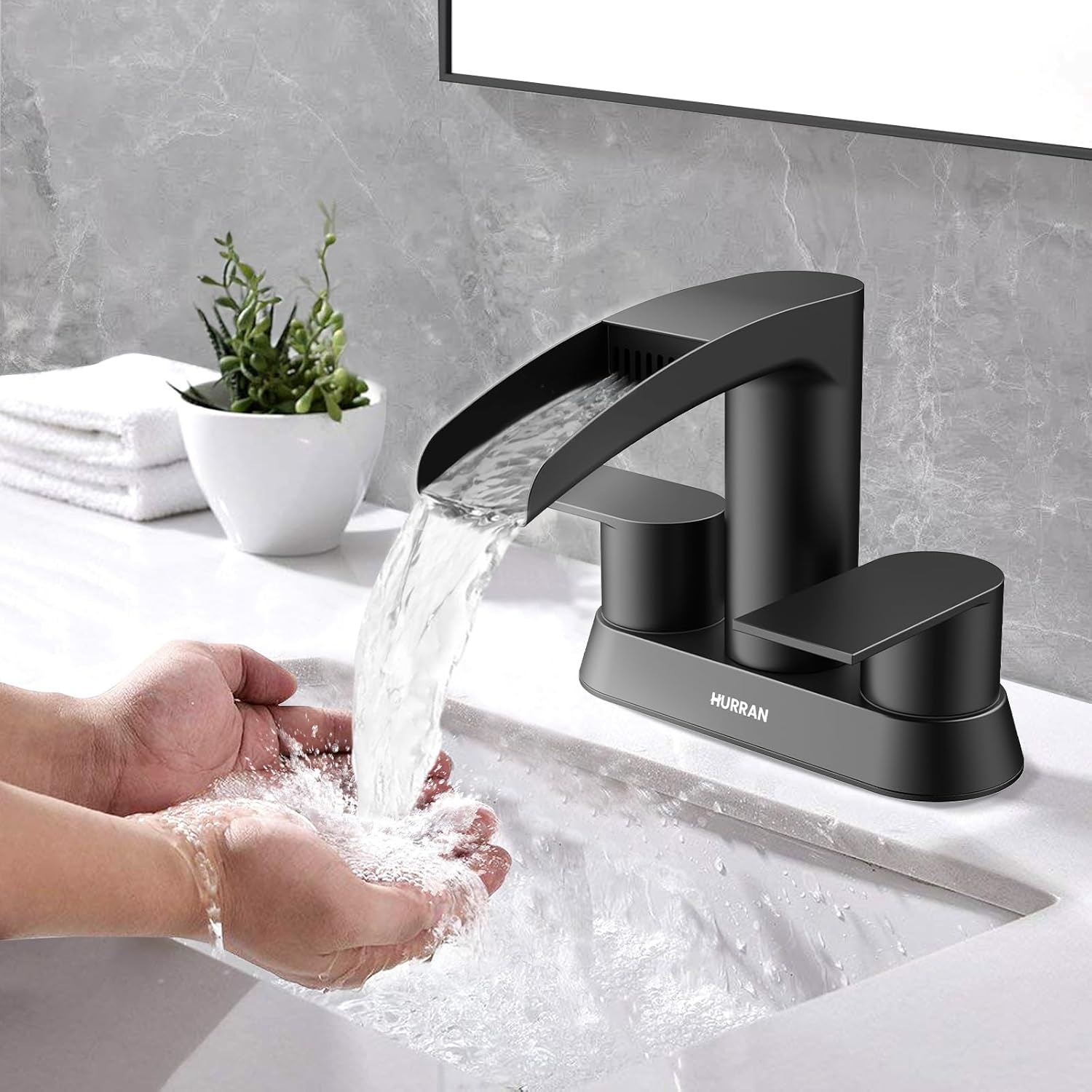 Bathroom Sink Faucet for 3 Hole, Hurran 4 Inch Bathroom Faucets with Pop-up Drain, Stainless Steel 2-Handle Waterfall Faucet for Bathroom Sink, Matte Black