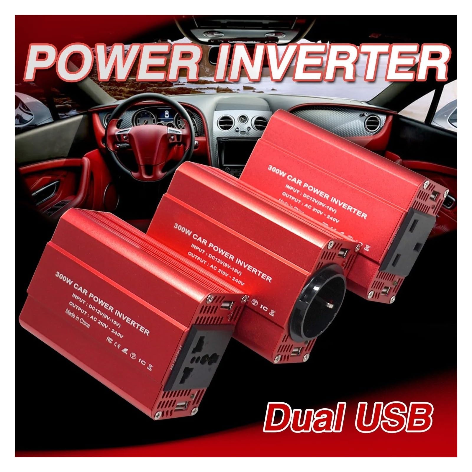 Inversor 300 W Accesorios Coche Convertidor Voltaje 12 V A 220 V/230 V para Encendedor Coche Doble USB Enchufe UE/RU/AU/Universal Transformador(Universal Socket)