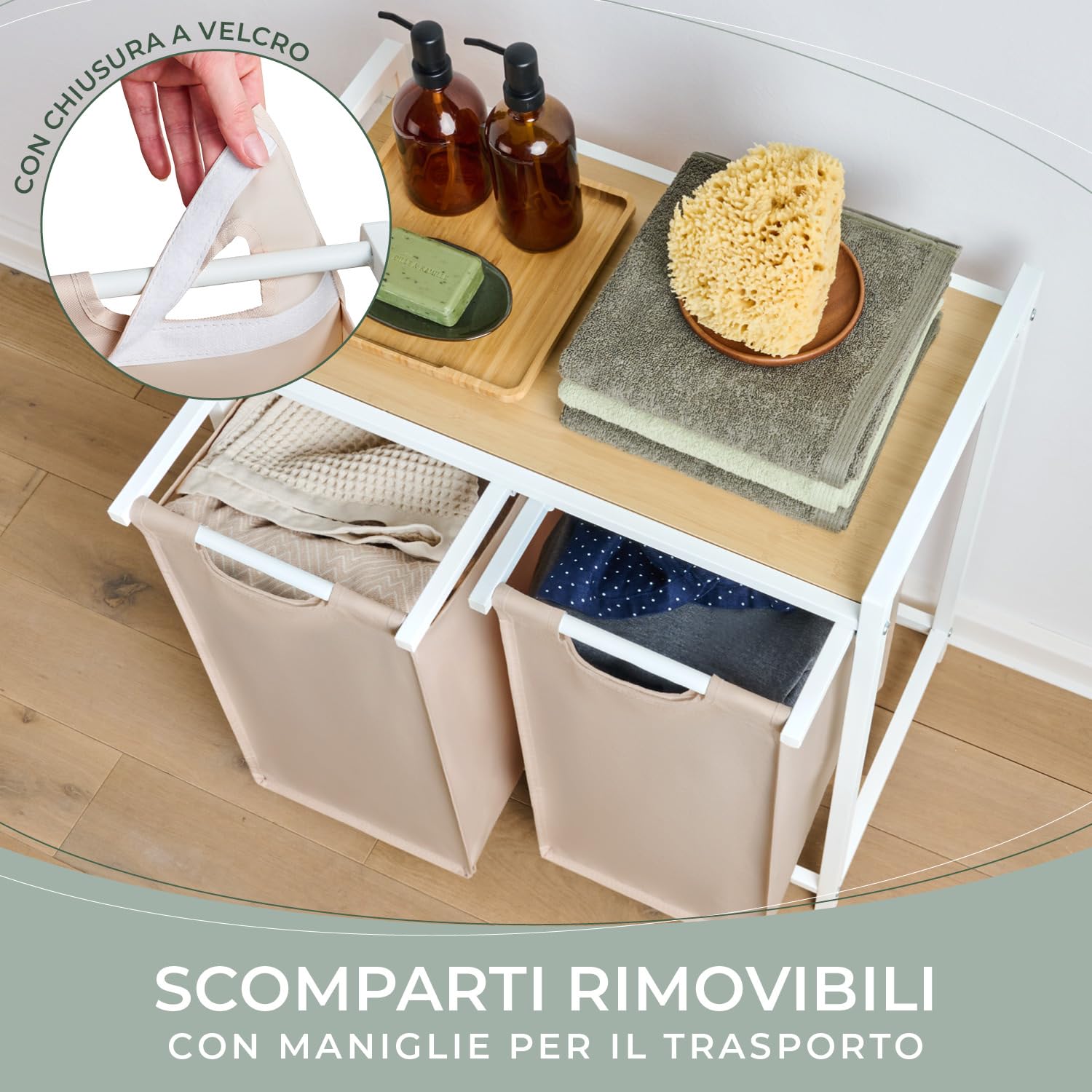 Blumtal cesto biancheria sporca 2 scomparti in grigio per organizzare - cesta portabiancheria 2 scomparti estraibili con ripiano superiore in materiale effetto cemento - struttura in metallo bianco