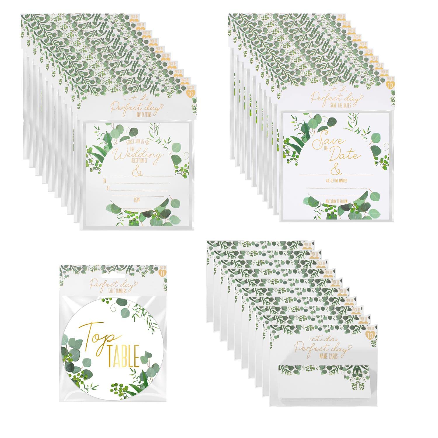 YöL 100 Wedding Guest Bundle - Table Name Cards, Save The Date's, Table Numbers, Reception Cards - Green Gold Eucalyptus