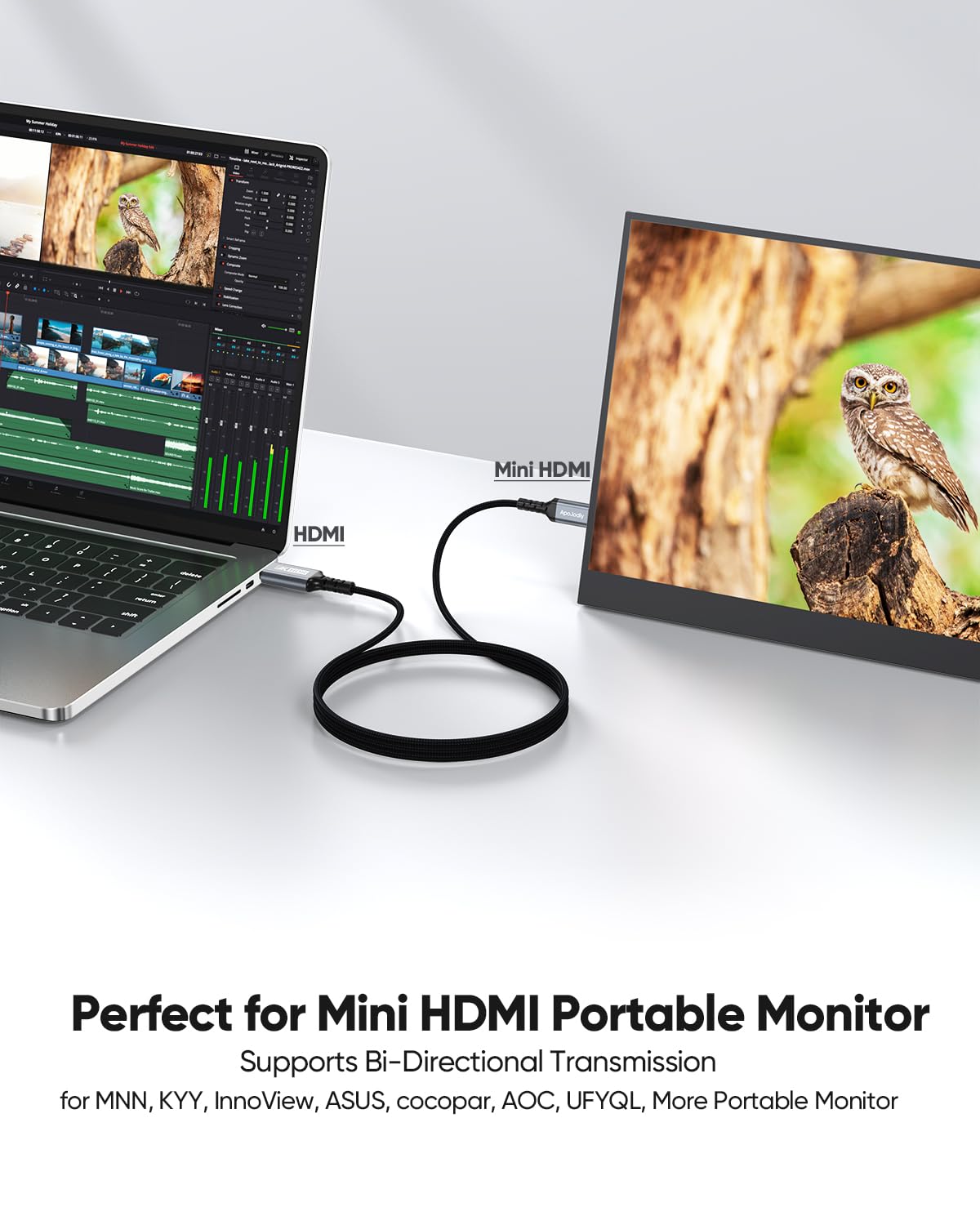 Câble HDMI vers Mini HDMI 4K tressé de 2,8 m, 4K @ 60 Hz, 18 Gbit/s, HDR, 3D, ARC, HDMI Mini 2.0 compatible avec moniteur portable, appareil photo, caméscope, tablette, téléviseur HD