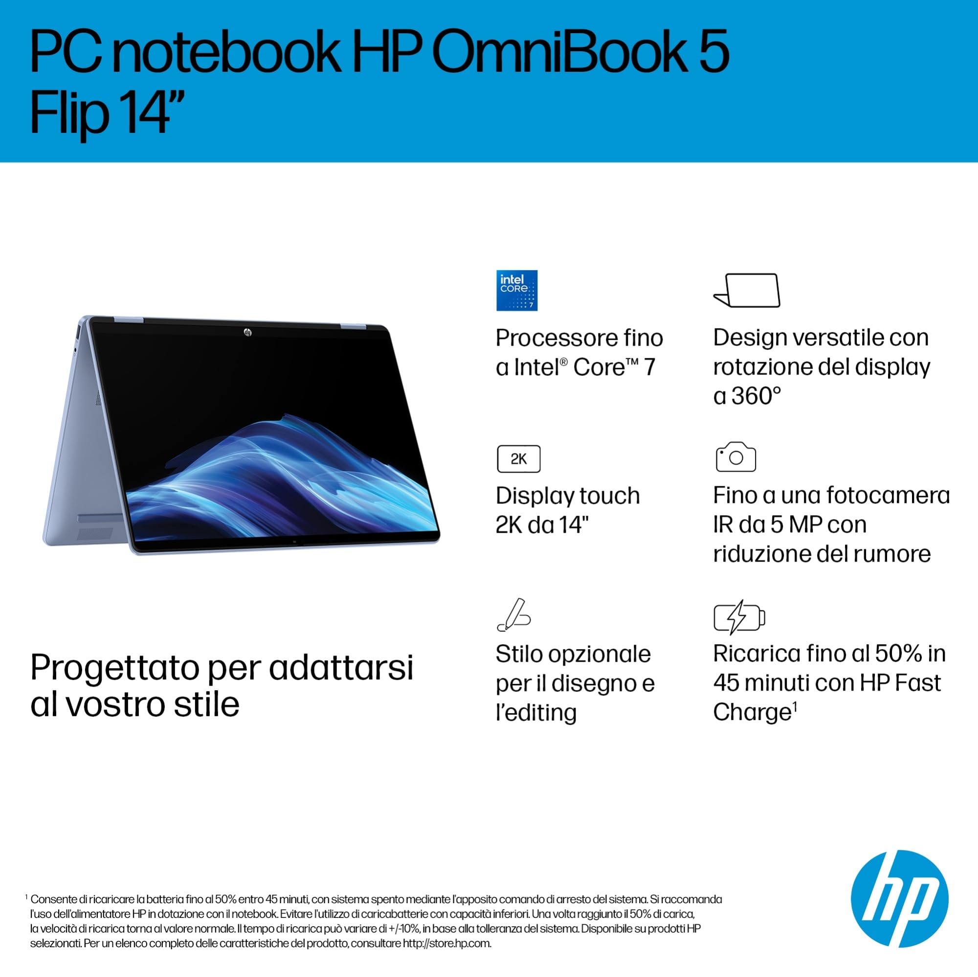 HP OmniBook 5 Flip x360 14-fp0001sl Convertibile, Intel Core i3 1315U, 8GB RAM, 512GB SSD, Display 14" 2K Touch IPS, Intel UHD Graphics, PrivacyCam TNR 1080p, Windows 11, Argento