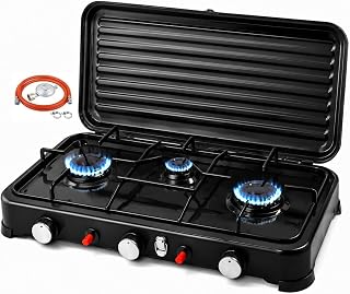 Gaskocher Campingkocher Outdoor 3 Flammig - 5,4KW Leistung LPG-Gas Camping Stove mit Auto-Zündung, 150cm Gasschlauch & Gasdruckregler 50mbar für Trekking und Camper, Schwarz