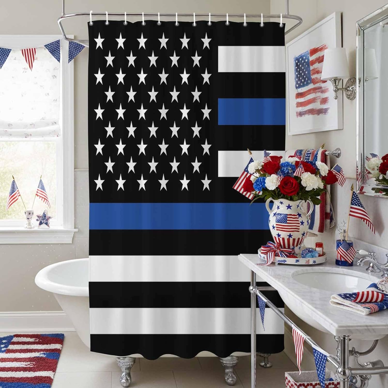 4th of July Shower Curtain Blue Line USA Flag Bathroom Curtains with Hooks, Waterproof American Police Law Enforcement Independence Day Shower Curtains Set for Bathroom Bathtubs Memorial Day 72x72