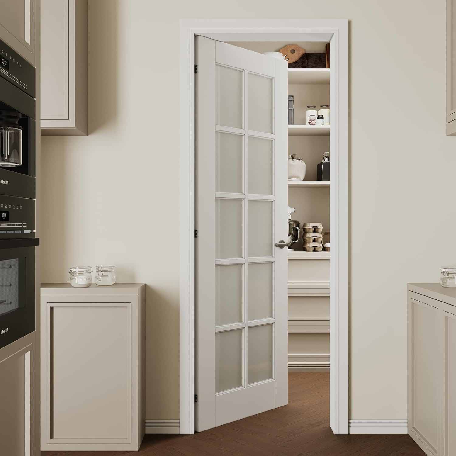 28''x80'' 10-Panel Frosted Glass Interior Door Slab Shaker, Pre-Built Panel for Barn Doors, Pocket Doors, French Door, for Pantry, Bedroom, Closet, Laundry & Bathroom, White Prefinish&Paintable