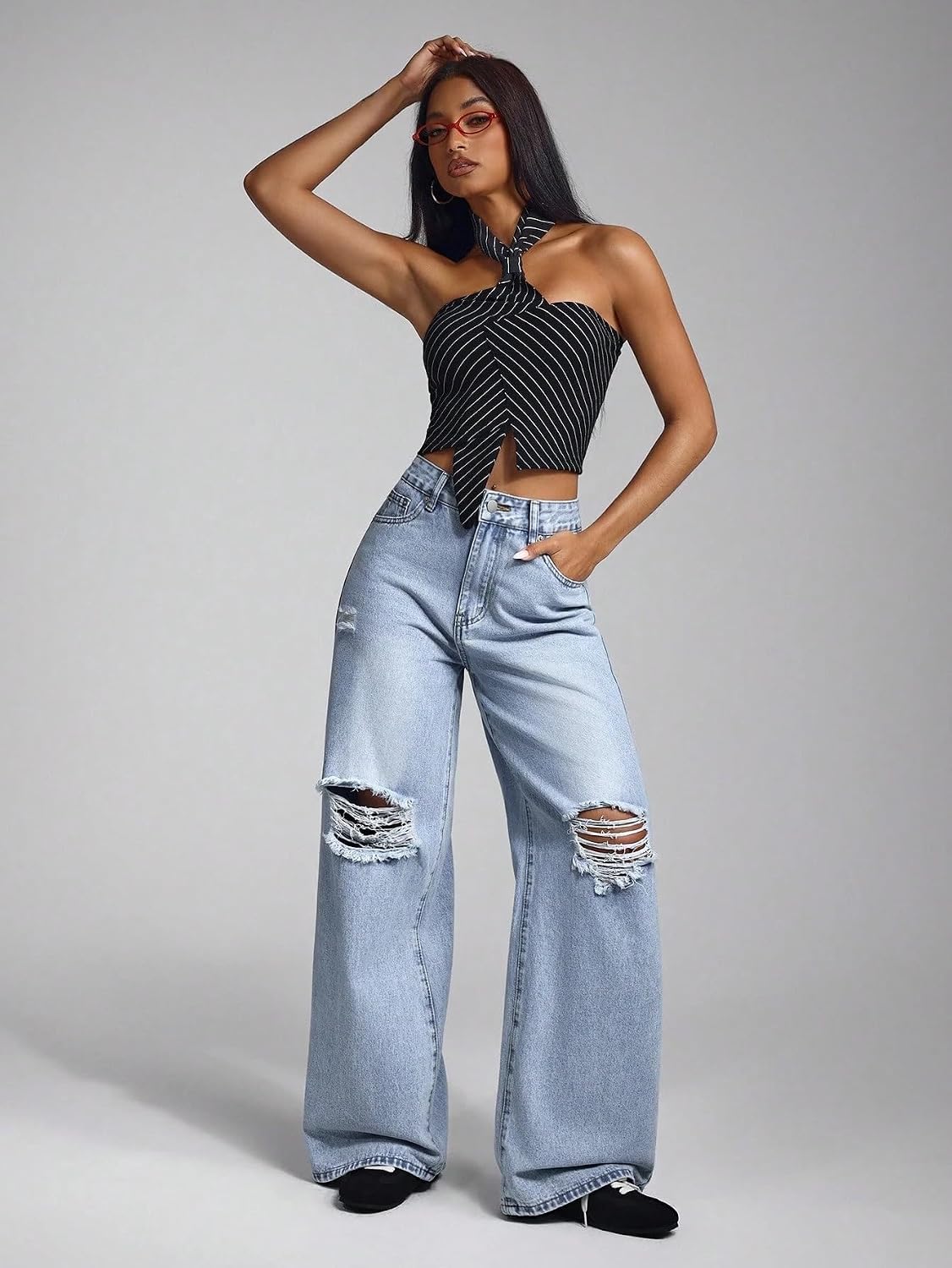 Baggy Jeans Women, High Waist Slant Pocket Ripped Wide Leg Jeans