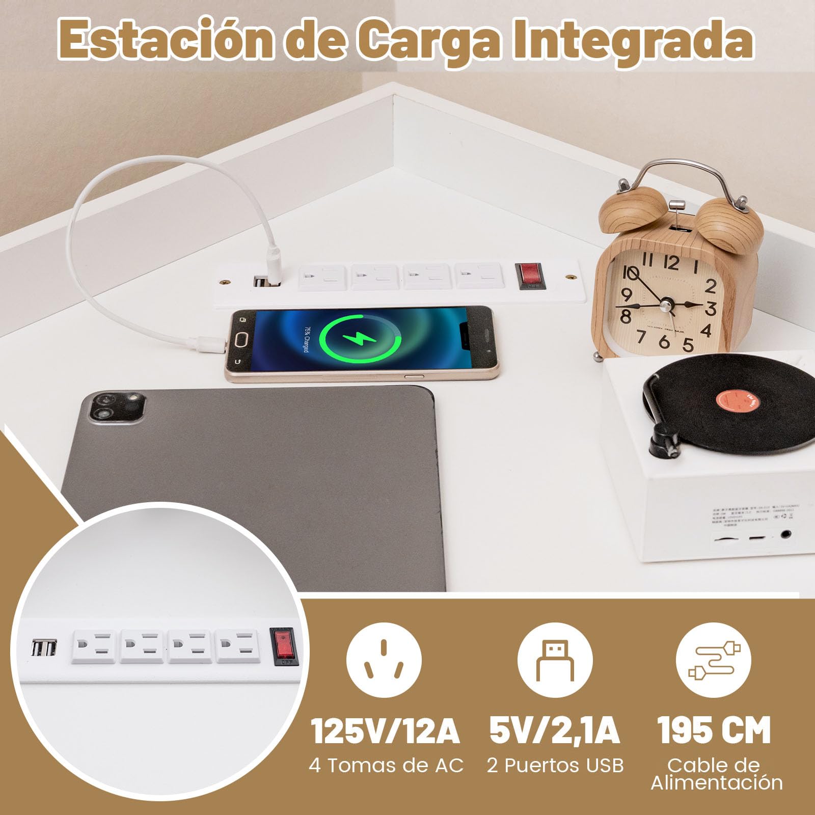 GIANTEX Librería Esquinero de 3 Niveles, Estantería de Almacenamiento con 9 Compartimentos Abiertos, 51 x 71,5 x 86 cm, con Puertos de Carga, Librería Triangular para Salón, Estudio (Blanco)