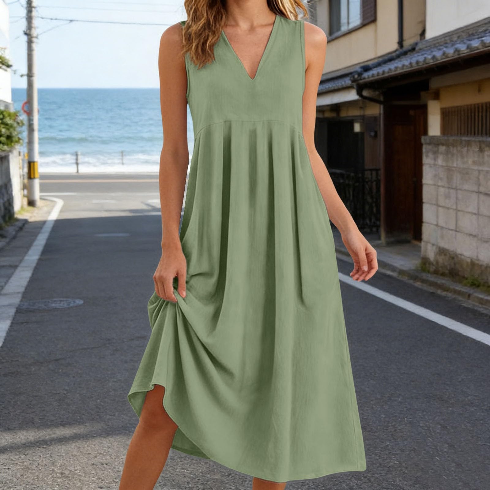 Generisch Leinenkleider Damen Sommer Midi Sommerkleid Leinen V-Ausschnitt Trägerkleid Musselin Kleid Lang Strandkleid Leicht und Luftig Freizeitkleid mit Taschen Ärmellose Baumwollkleid