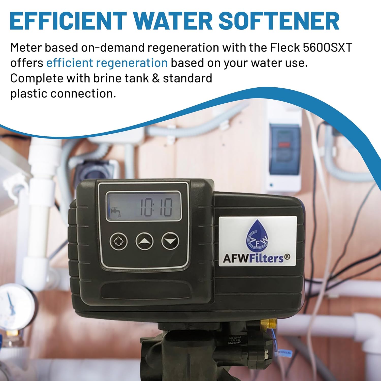 AFW Premium Fleck Whole House 64k Water Softener System - Upgraded 10% Resin 5600sxt Metered On-Demand - Efficient Water Softening System with 1" Bypass and Brine Tank - 64,000 Grain Capacity