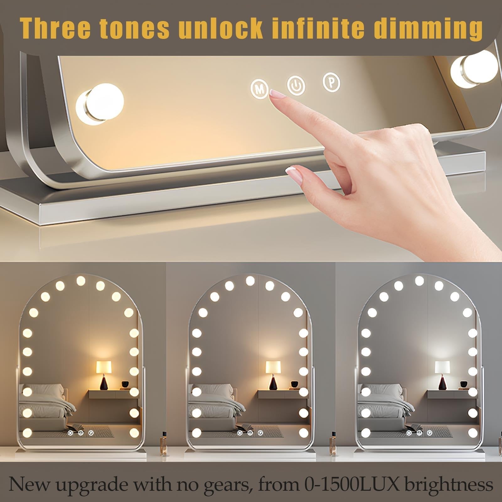 Specchio Da Trucco Illuminato Da Tavolo, Grandi Specchi Illuminati Per Scrivania Con Lampadine E 3 Modalità Di Illuminazione, Per Camera Da Letto E Spogliatoio(Argento,50*70cm/19.69*27.56in)