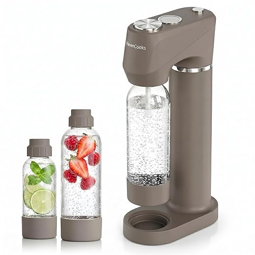Home Sparkling Water Soda Maker with 2 BPA-Free Bottles (1L + 0.5L) - Carbonated Water Seltzer Fizzy Drink Machine, Compatible with Screw-In 60L CO2 Carbonator (Not Included), Gray