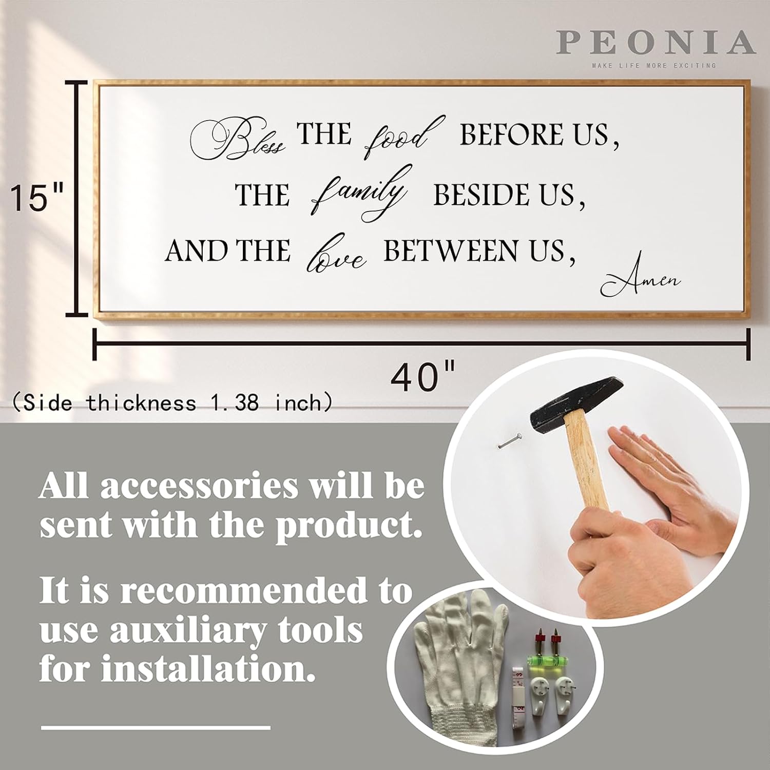 PEONIA 41" x 15" Bless The Food Before Us Wall Decor- Perfect Large Size Bless The Family Beside Us, And The Love Between Us Decor Wall Art Inspirational Kitchen Wall Decor (Wood)