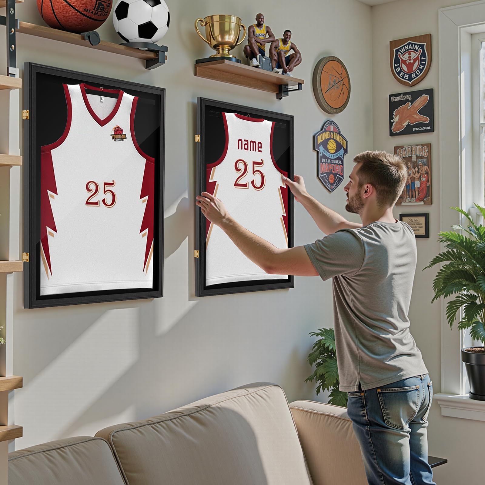 Trikotrahmen Fußball 70x90cm, Trikot Bilderrahmen, Schwarzer Bilderrahmen für Trikot mit Acrylglas und Sicherheitsschloss, zum Aufhängen, for XL Eishockey Fußball Basketball T Shirt
