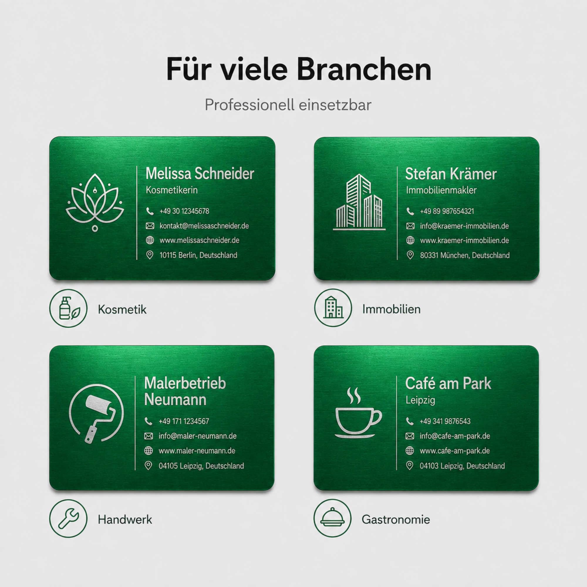 Visitenkarten erstellen - 100 personalisierte Aluminium Metall-Visitenkarten in grün, 85 x 54 mm, mit Logo, Text oder QR Code, beidseitige Lasergravur