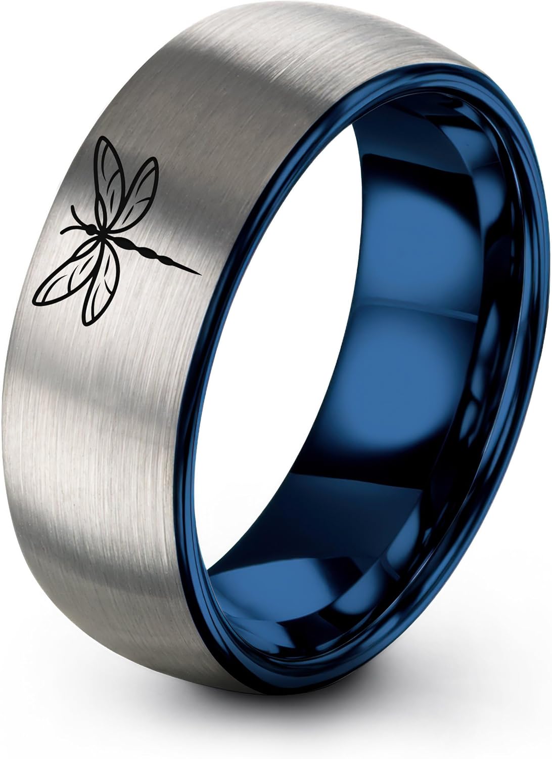 Gift for Nature Fan - Dragonfly Wing Ring - Tungsten - 8mm - Brushed Polished - Anniversary Wedding - Men Women - Band - Personalized Custom Engraving - Yellow Gold Black Silver Blue - Flat Dome Bevel