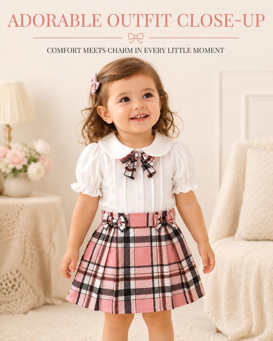 ChuYuKu Toddler Girl Summer Outfit School Uniform Set Preppy Style Blouse Pleated Skirt 2PCS Casual Daily Holiday Clothes