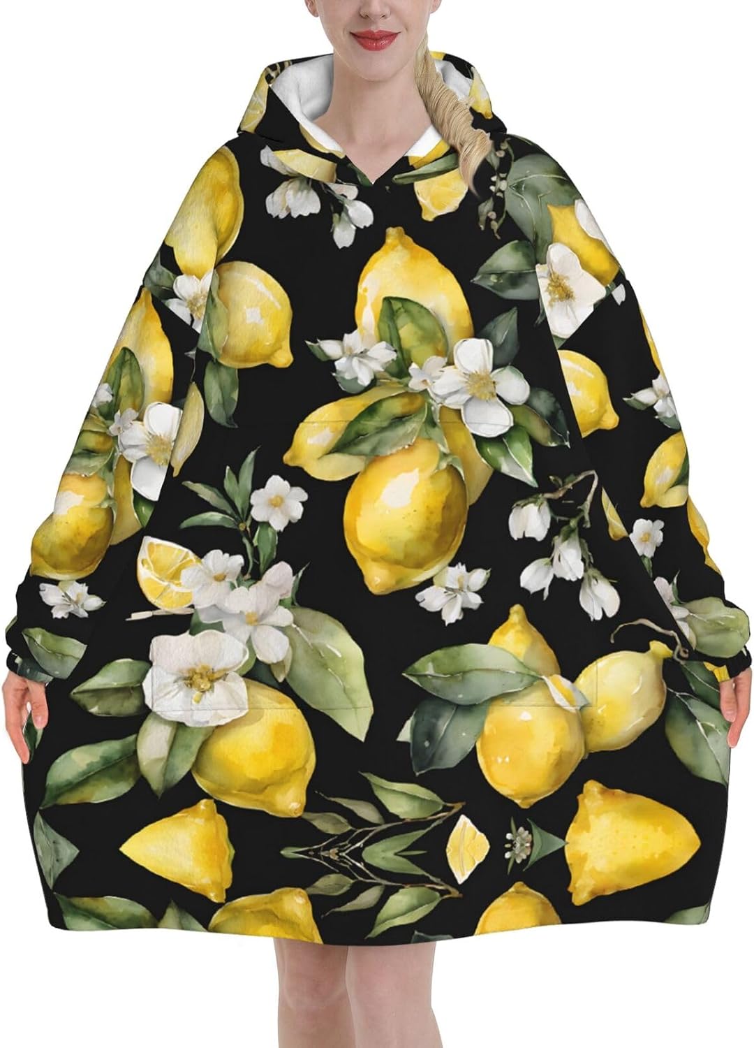 MUSM Lemon And Flower Print Blanket Hoodie Fleece Sweatshirt Blanket With Sleeves And Pockets