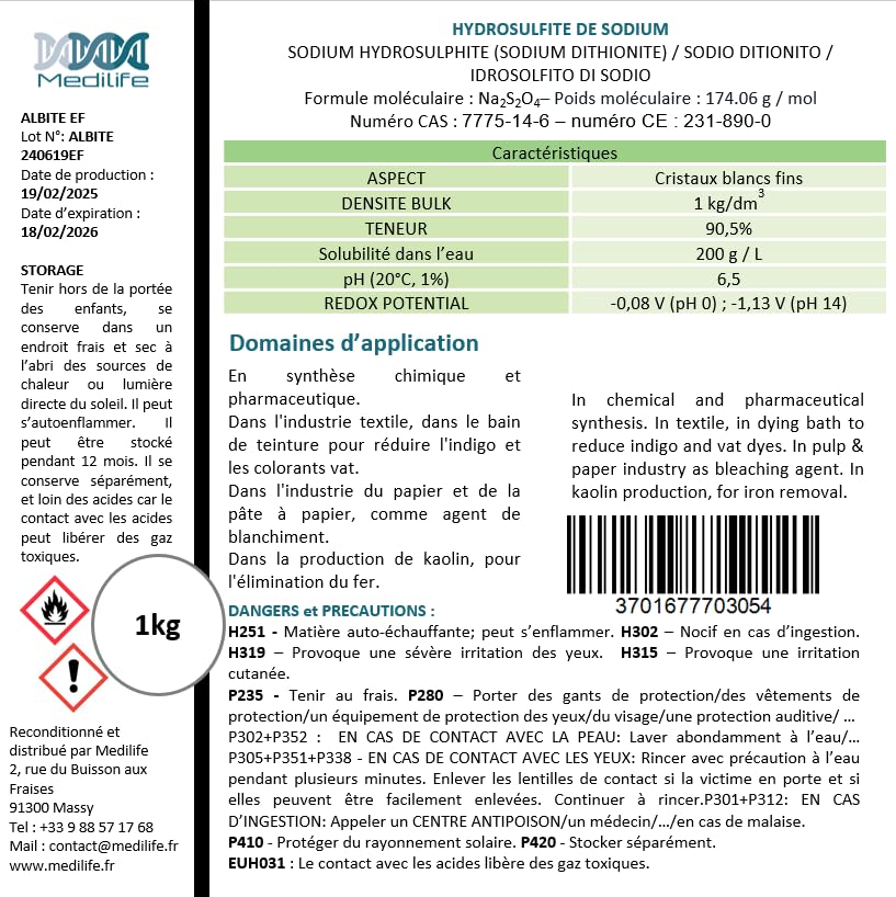 Dithionite de sodium poudre 1kg agent reducteur blanchiment