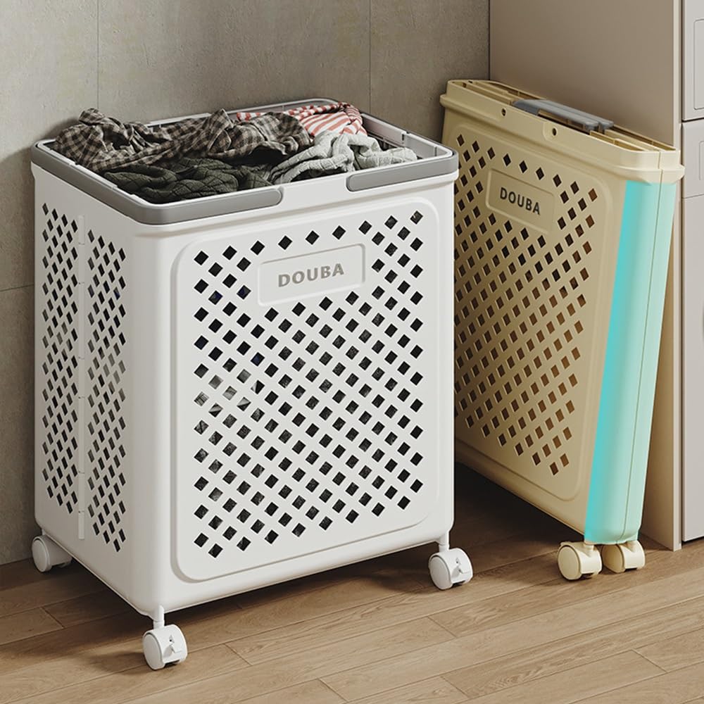 Cesto portabiancheria pieghevole, con manici e rotelle, per camera da letto, bagno, lavanderia, 36 x 28 x 49 cm (lunghezza x larghezza x altezza) (bianco)