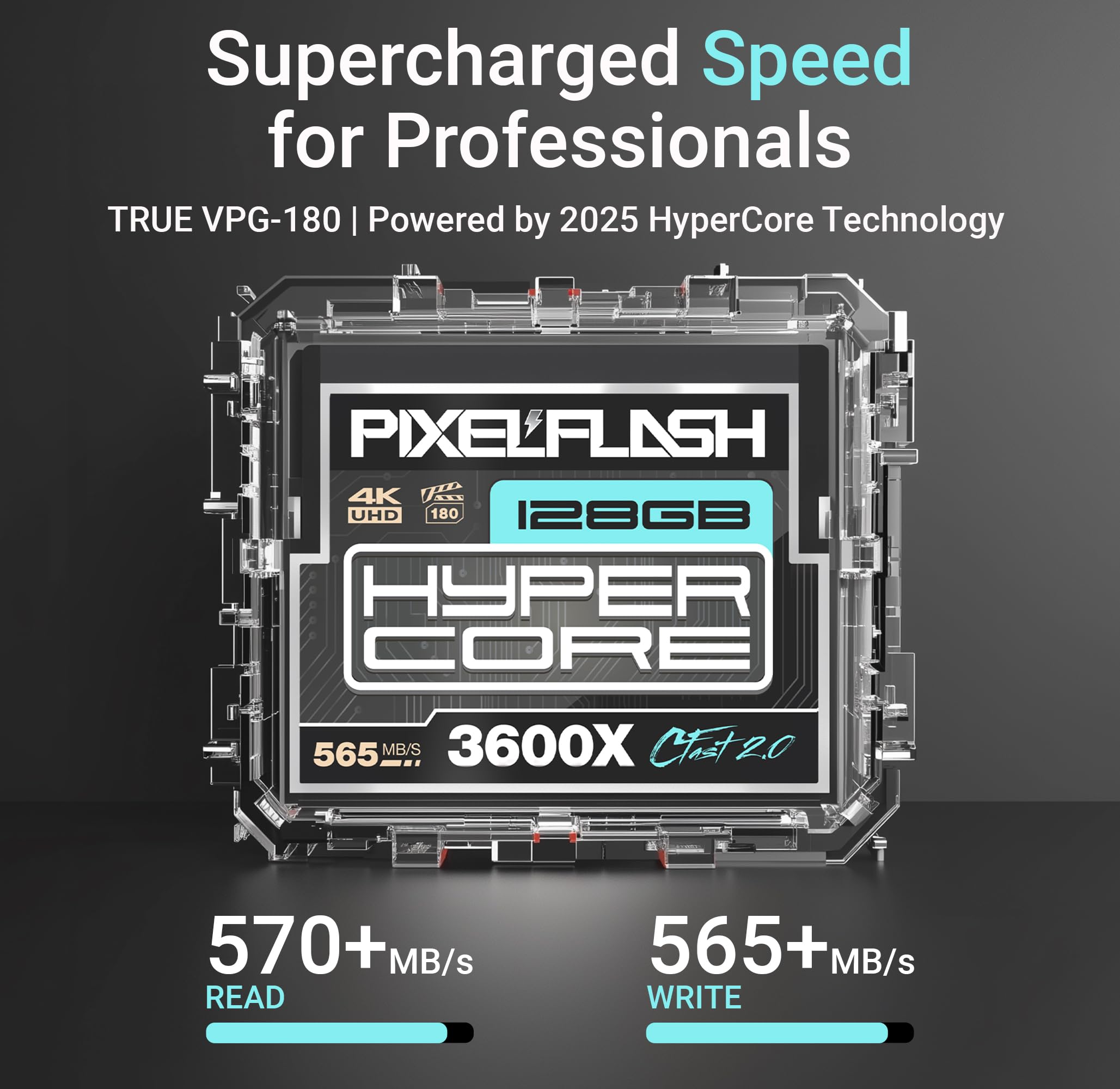 PixelFlash Tarjeta CFast 2.0 de 128 GB 3600X HyperCore 570MB/s SATA3 VPG180, tarjeta CFast para cámaras DSLR cinematográficas y cámaras fotográficas probadas en laboratorio, memoria flash certificada