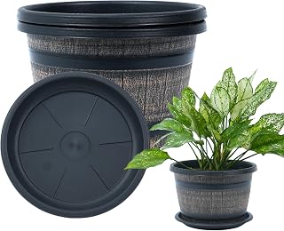Bamworld Plant Pots 3 Pack Whiskey Barrel Pot with Drainage Hole and Sink Indoor Flower Pot for Home Garden Plastic Decorative Wine Barrel Design for Outdoor Grow