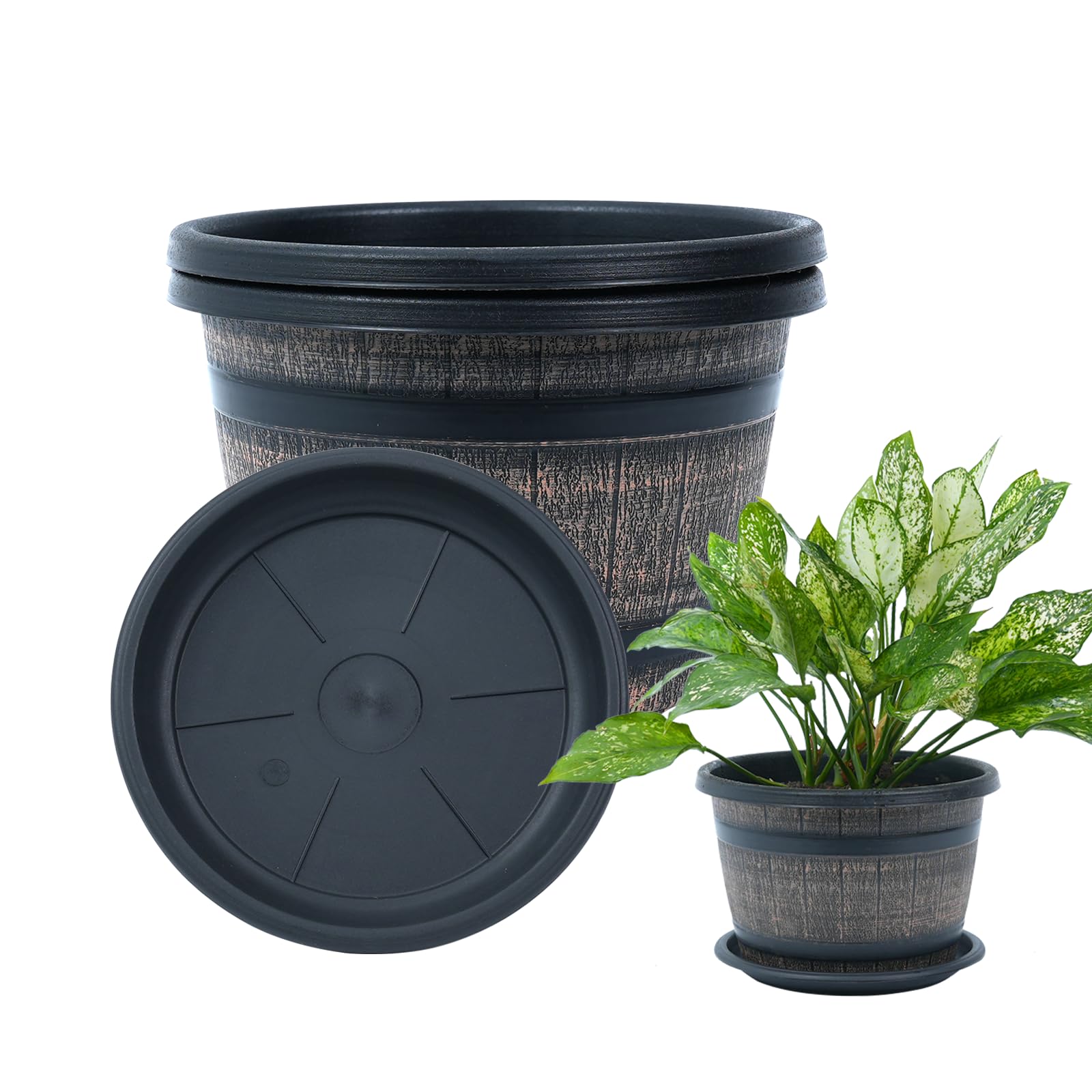 Bamworld Plant Pots, Set of 3 Large Indoor Plastic Flower Pots with Drainage Holes & Saucer, 10”W x 7”H Whiskey Barrel Design Planter for Home Garden and Outdoor Planting