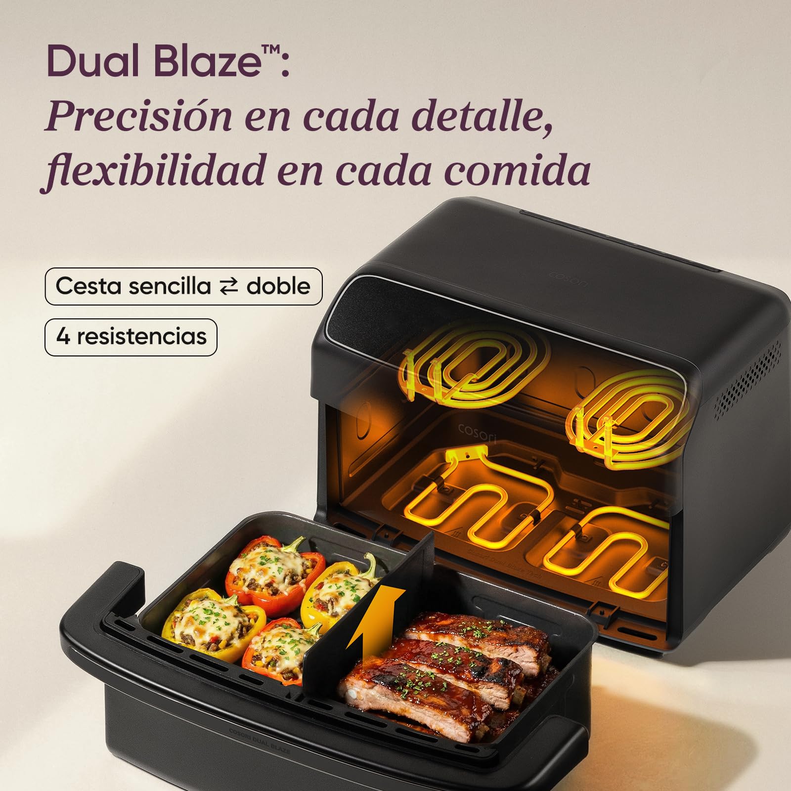 Cosori Freidora de Aire 8,6L Dual Blaze TwinFry Compact, sin PFAS ni Teflon | Revestimiento Cerámico sin PFAS, Tecnología Dual Blaze™, Divisor para 1 o 2 Zonas, Modos SYNC&Match, 6 Funciones, 2700W