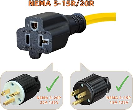 1Pack NEMA 5-15P to 5-15R/5-20R Adapter Cord,15A to 20A Power Cable