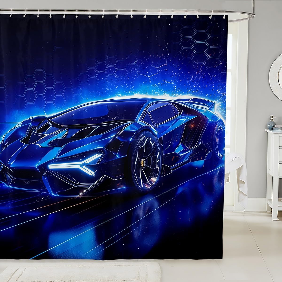 Feelyou Kids Boys Race Car Fabric Shower Curtain Green Sports Car Shower Curtain for Kids Teens Boys Extreme Sports Curtains Speed Luxury Car Bathroom Waterproof Accessories with 12 Hooks 72"x84"