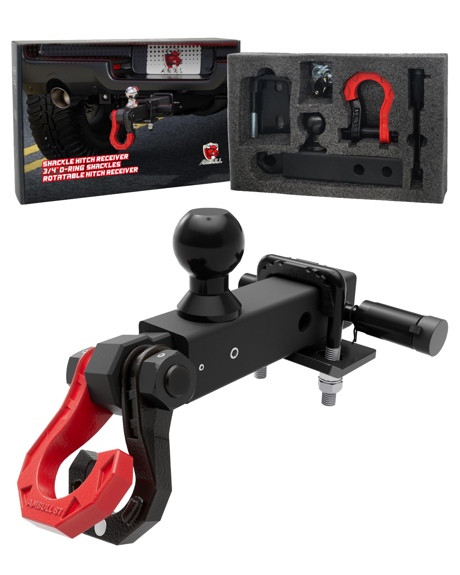 AMBULL Rotatable D Ring Separate Shackle Trailer Hitch Receiver & 2-Inch Ball Mount, 3/4" Shackle with 2" Towing Ball Mounts, 23T/50706Lbs Break