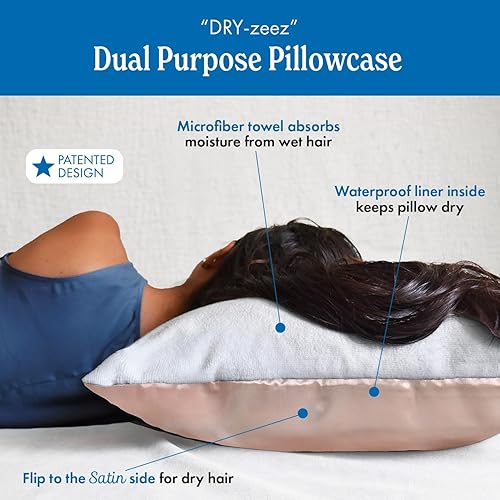 Vista 3 de DryZzz Funda de almohada de toalla de satén rosa Funda de almohada de microfibra absorbente para cabello húmedo Funda de almohada de satén