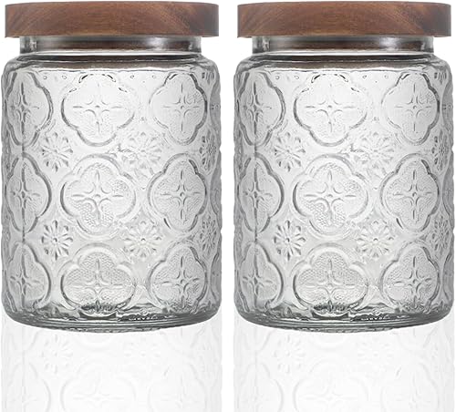Tarro decorativo de vidrio vintage para encimera de cocina, tarro de almacenamiento hermético con tapa de madera, para galletas, dulces, granos de