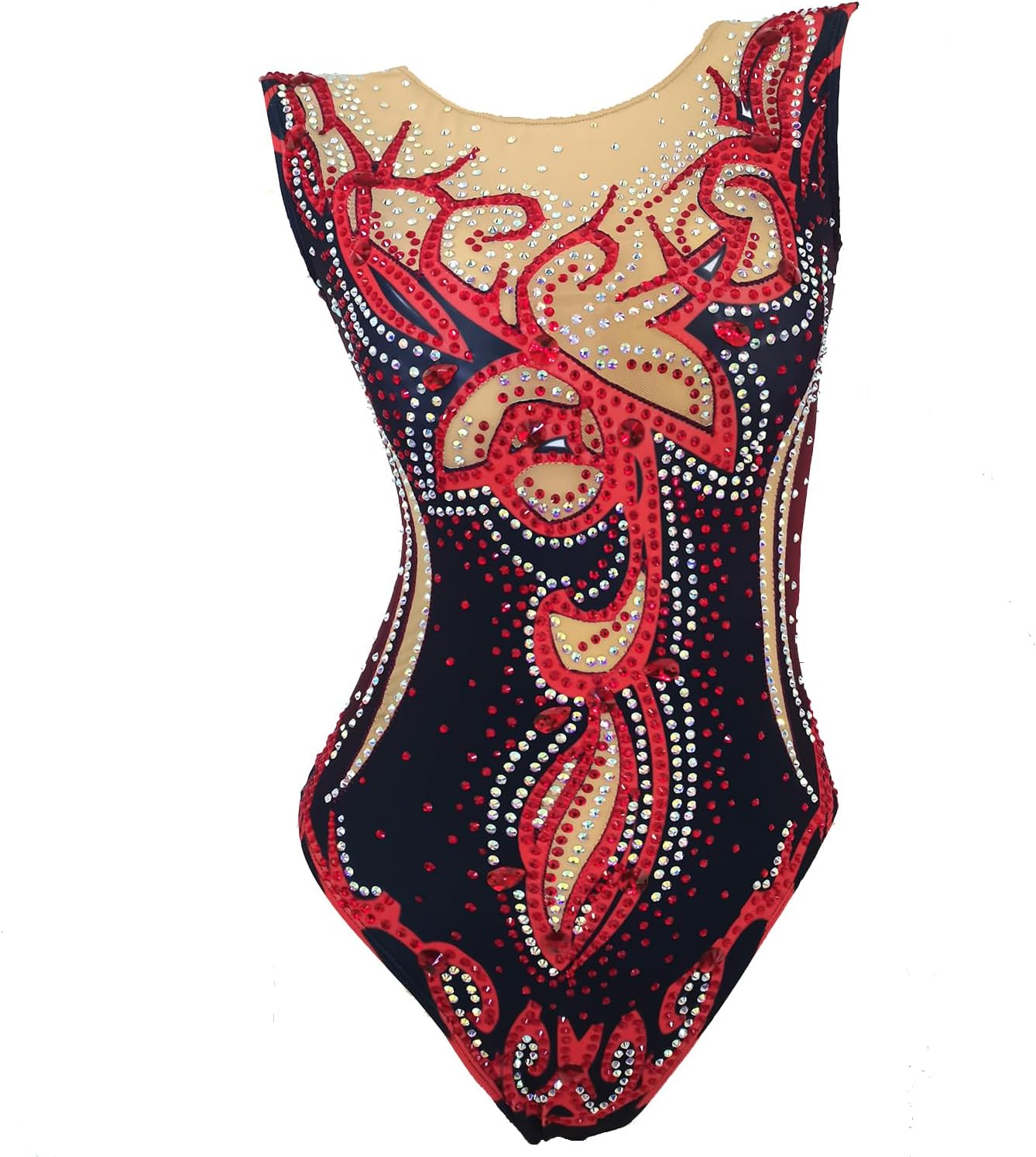 Girls Synchronized Swimsuit Red Patterned Competition Swimwear for Youth Team， Comfortable and Stylish