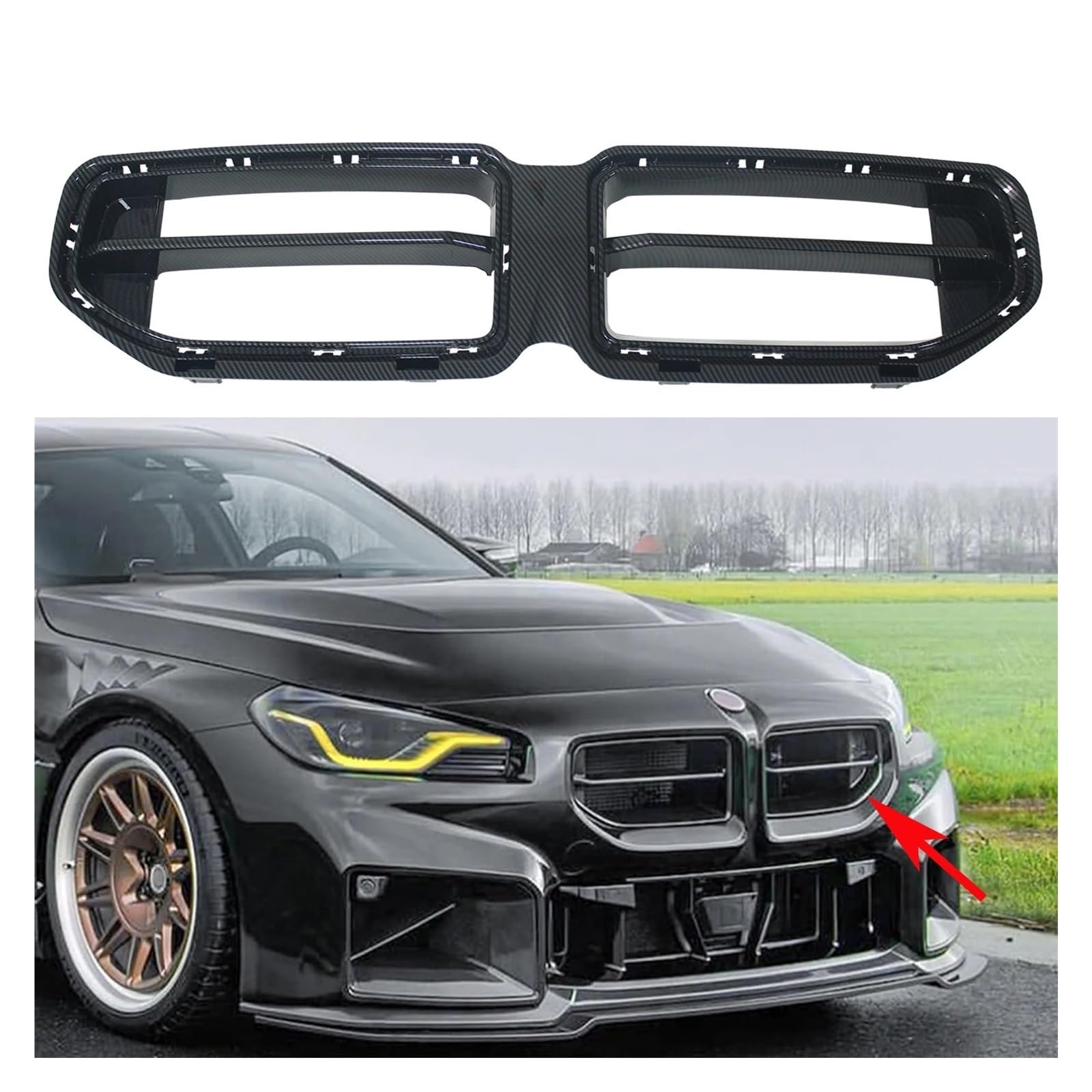 Griglia Anteriore Per BMW Per M2 G87 2023-2025 Paraurti Anteriore Rene Griglia Centro Mesh Kit Copertura Radiatore Nero Lucido Carbon Look Griglias Anteriores Auto(Glossy Black)