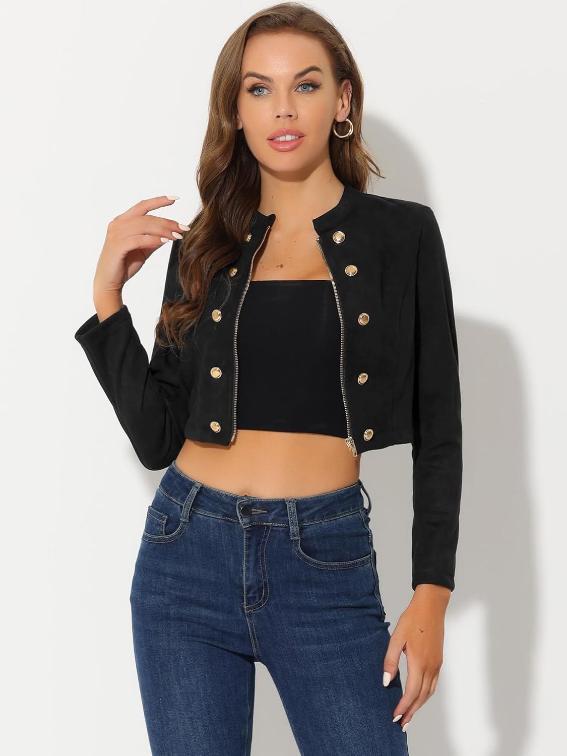 Allegra K Cropped Jacket for Women's Double Breasted Zip Up Faux Suede Jacket - Image 3