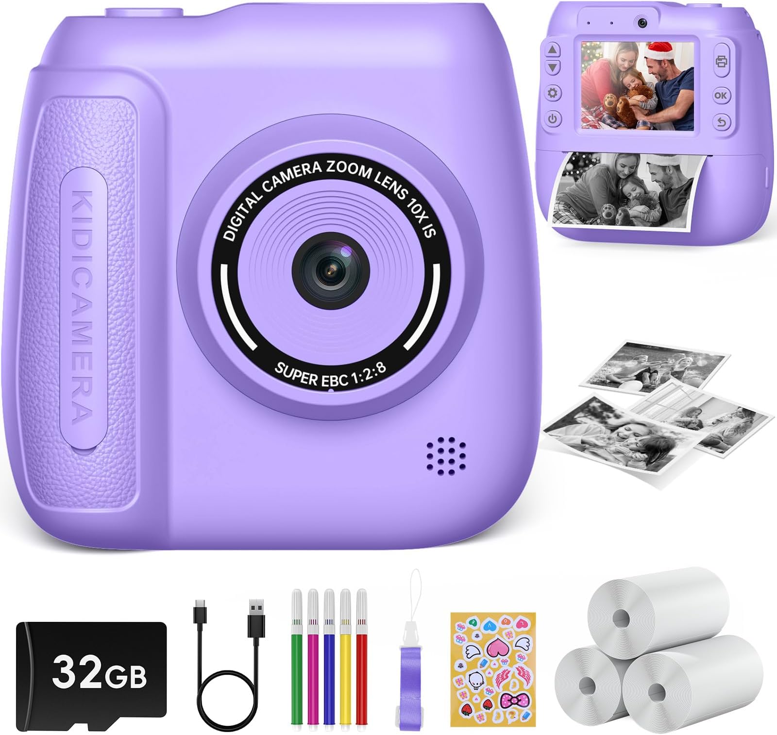 Kids Camera Instant Print,2.4'' Instant Print Camera for Kids with 32GB Card & 3 Rolls Photo Paper, Selfie Children's Cameras Christmas Birthday Gifts for 3 4 5 6 7 8 9 Year Old Girls-Purple