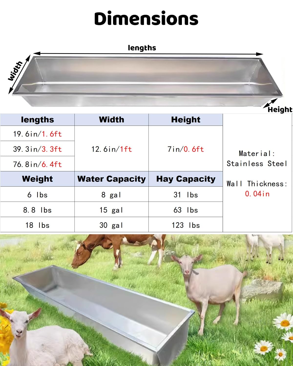 Comedero de acero inoxidable para ganado con soporte, alimentador de agua y pienso resistente para cerdos, caballos, ovejas y aves de corral