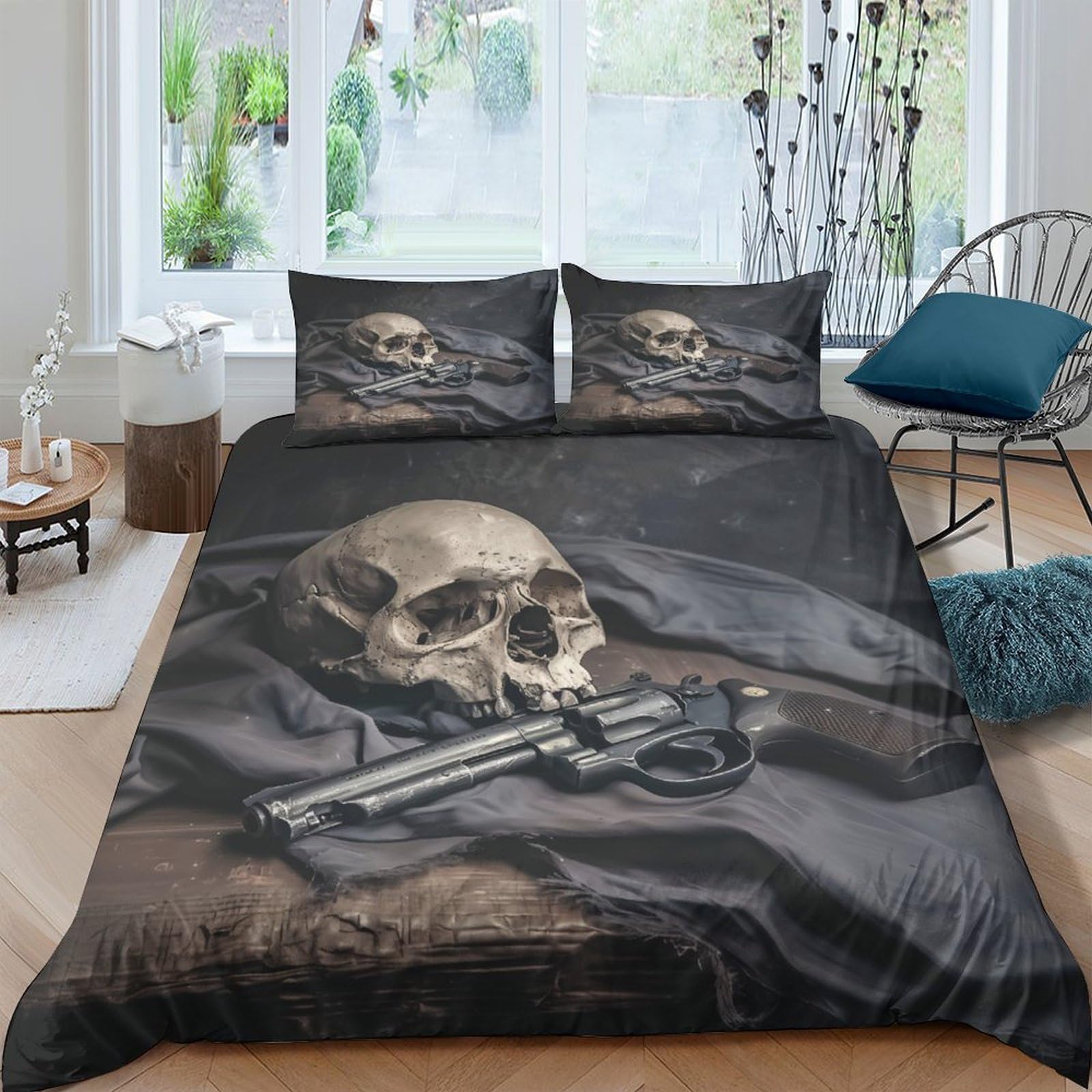 GPLZQXKJNH 3D Printed Skull and Gun Duvet Cover Set Microfiber Breathable Gothic Bedding Set with 2 Pillowcases for Bedroom Decor Single（135x200cm）