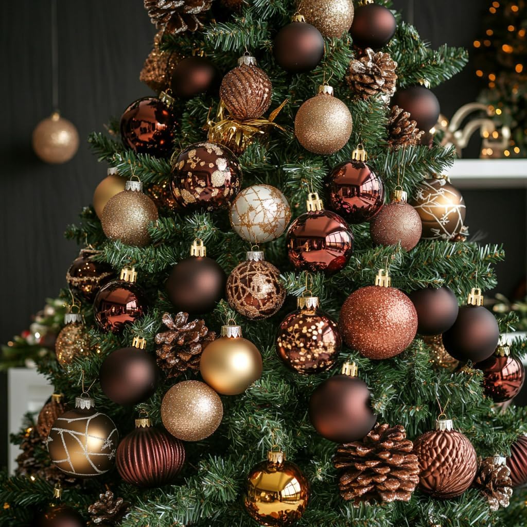 AMS 2.36''/60mm 24ct Christmas Balls Tree Pendants Shatterproof Ornaments Seasonal Decorations for Tree Decor,Holiday,Xmas(Coffee)