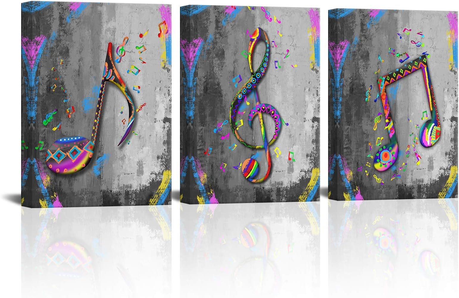 SkenoArt 3 Pieces Wall Art Music Art Print Canvas Colorful Musical Notes Painting Wall Decor Black and White Music Poster Framed for Classroom Home Living Room Bedroom Decor Ready to Hang
